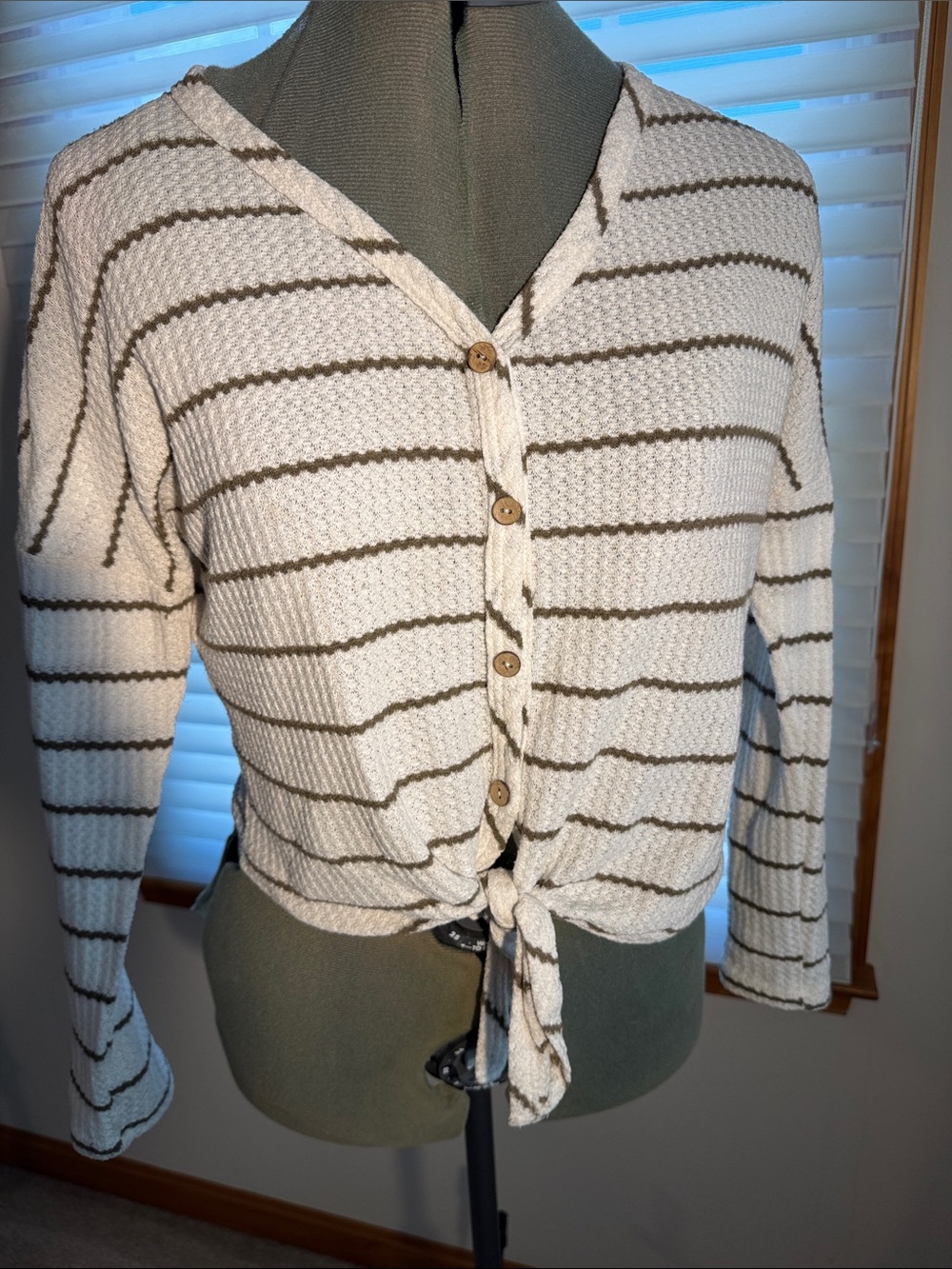 Paper Crane Cream Striped Tie-Front Cardigan with Brown Lines